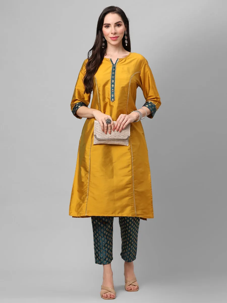 Mustard Solid Kurta Trouser Dupatta