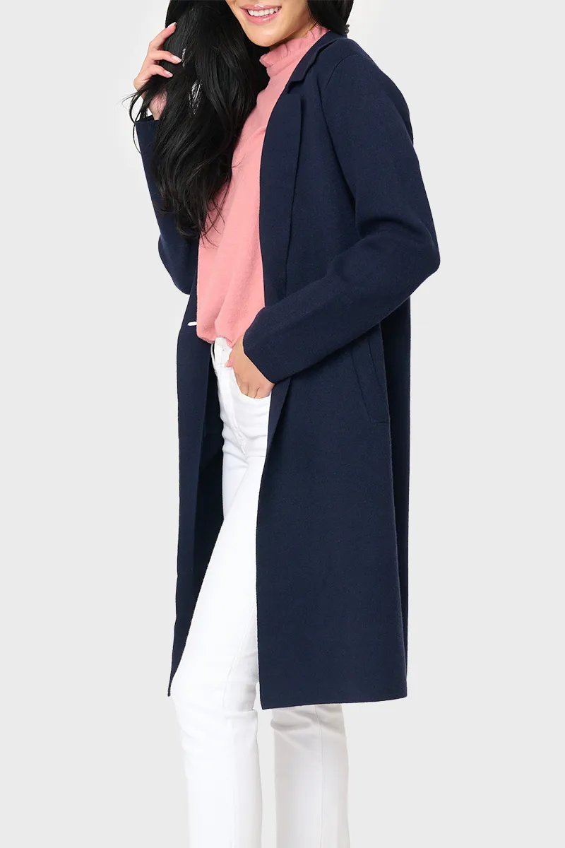 Notch Collar Double Knit Long Cardigan