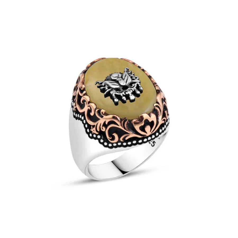 Ottoman Empire Coat of Arms on Yellow Ellipse Synthetic Amber Stone Silver Men’s Ring with Wavy Top Pattern