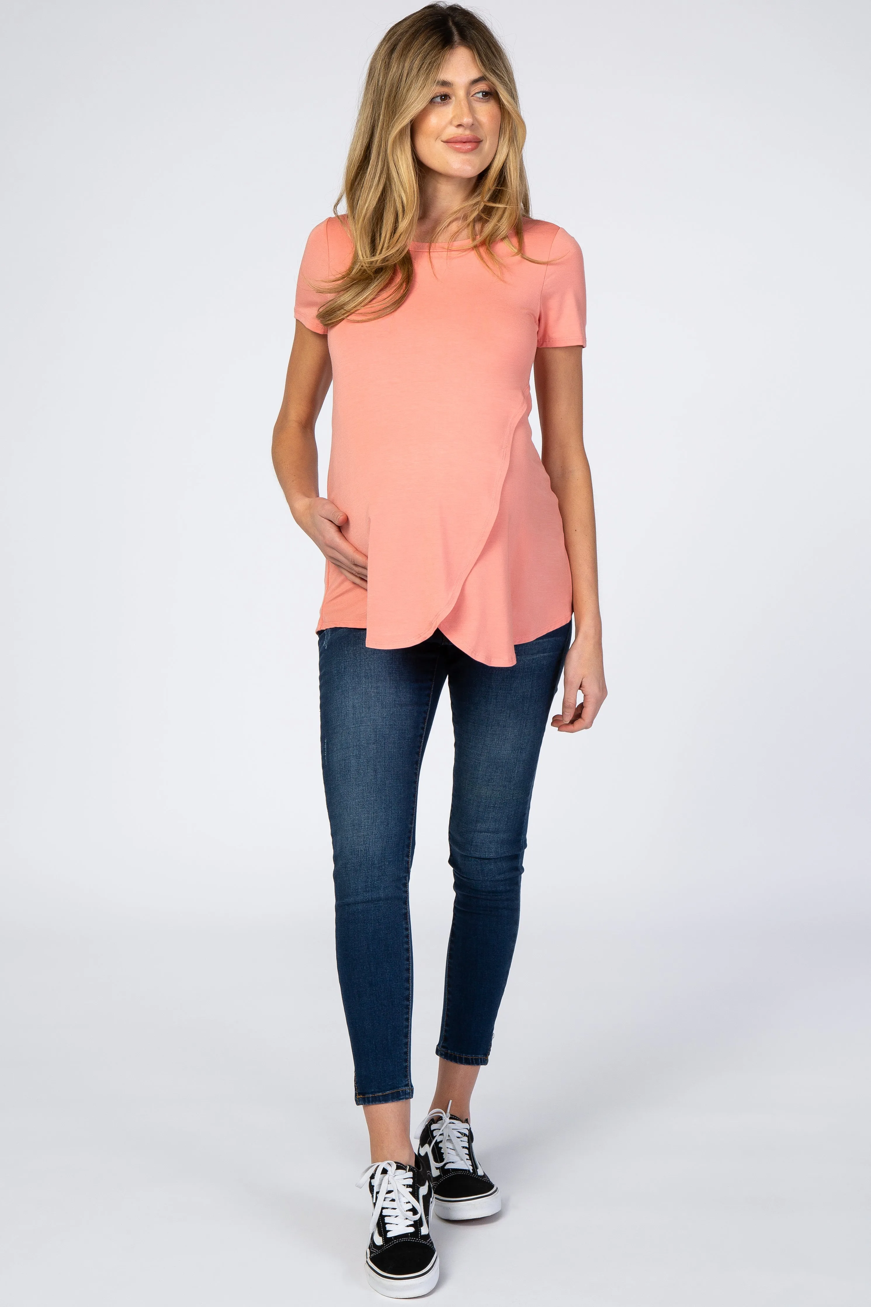 Peach Layered Wrap Front Maternity Nursing Top