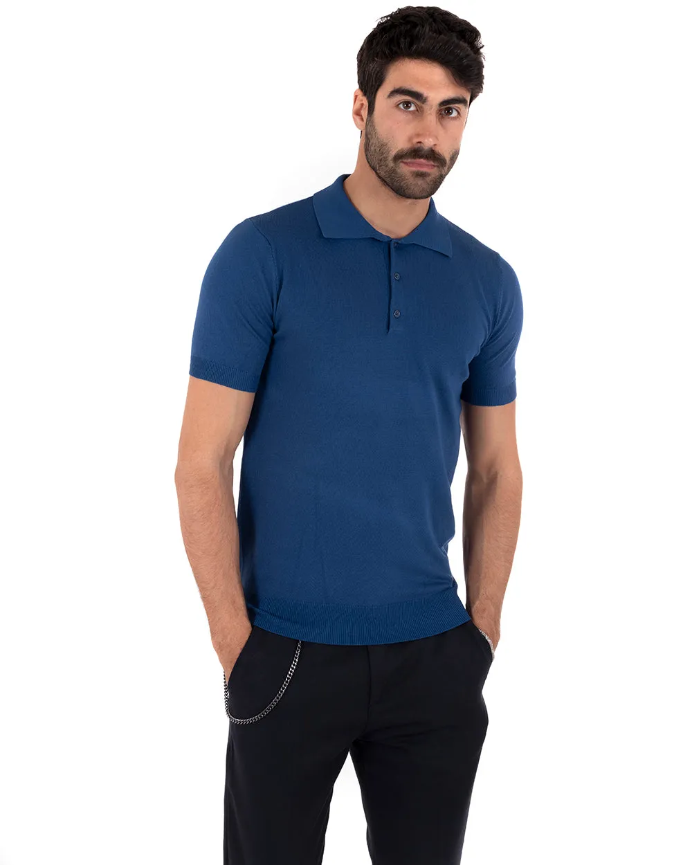 Polo Uomo T-Shirt Manica Corta Tinta Unita Blu Royal Scollo Bottoni Filo Casual GIOSAL-TS2634A