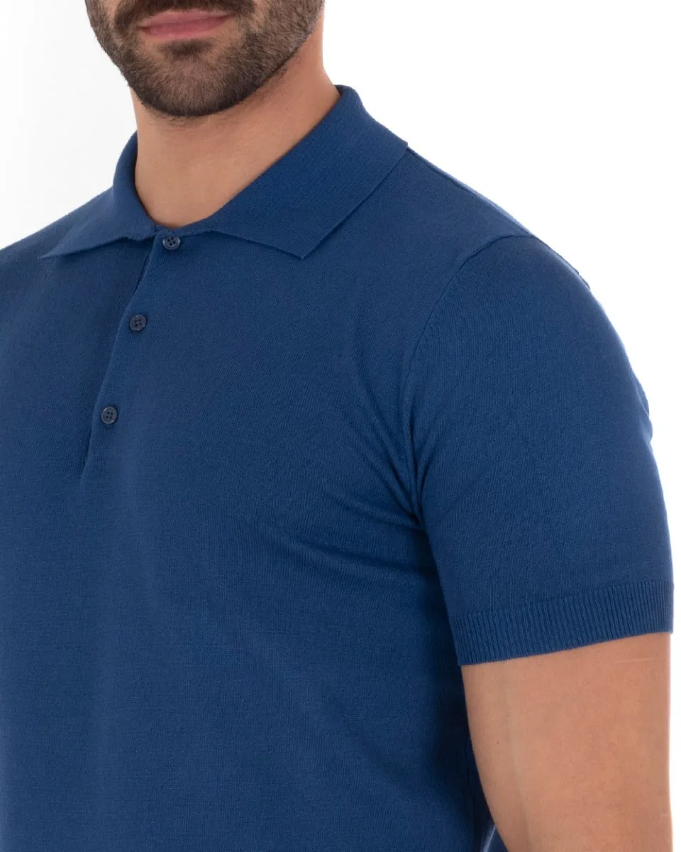 Polo Uomo T-Shirt Manica Corta Tinta Unita Blu Royal Scollo Bottoni Filo Casual GIOSAL-TS2634A