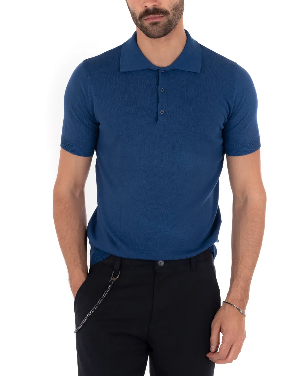 Polo Uomo T-Shirt Manica Corta Tinta Unita Blu Royal Scollo Bottoni Filo Casual GIOSAL-TS2634A