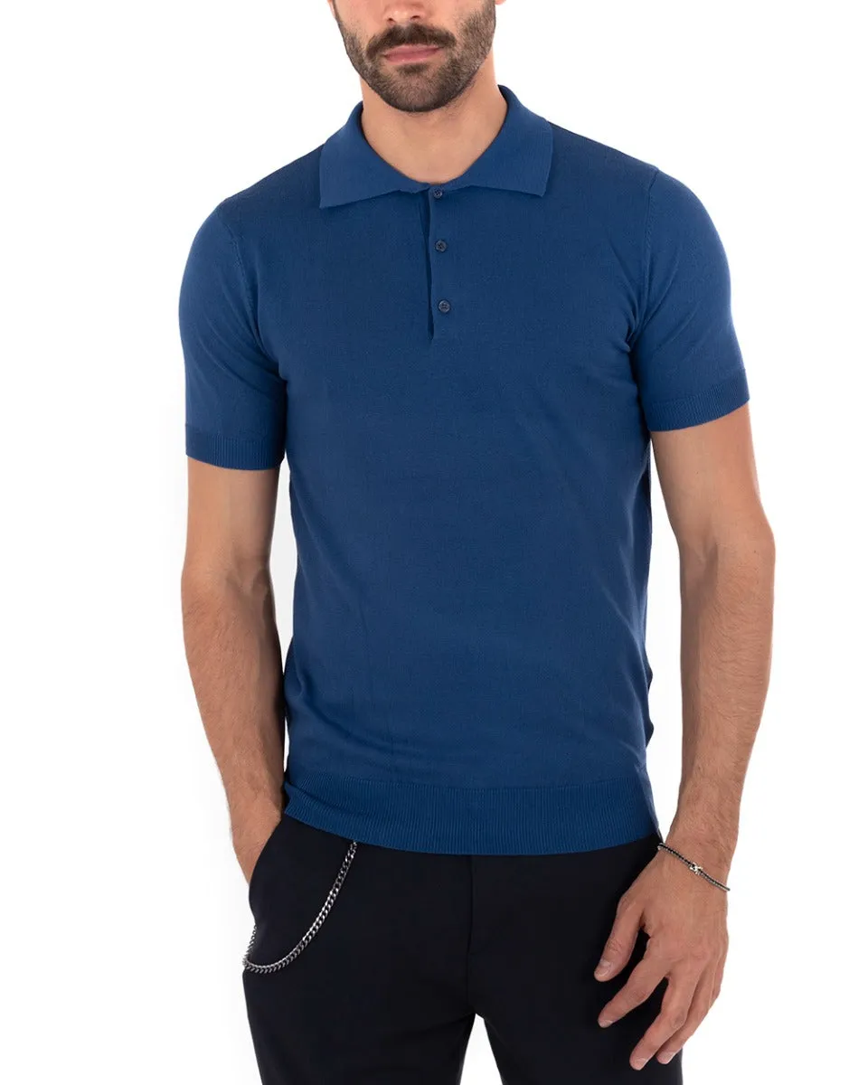 Polo Uomo T-Shirt Manica Corta Tinta Unita Blu Royal Scollo Bottoni Filo Casual GIOSAL-TS2634A