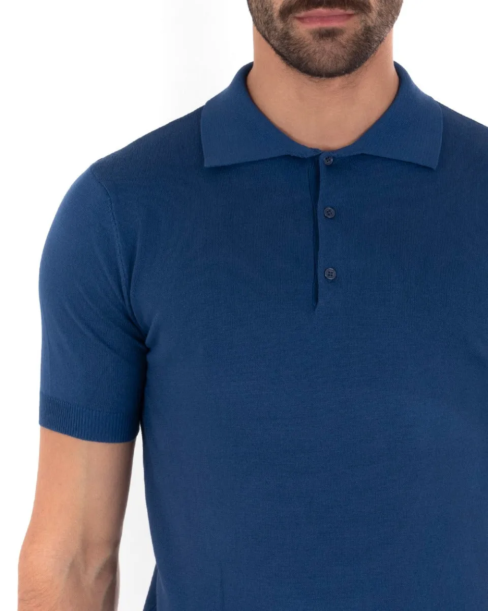 Polo Uomo T-Shirt Manica Corta Tinta Unita Blu Royal Scollo Bottoni Filo Casual GIOSAL-TS2634A