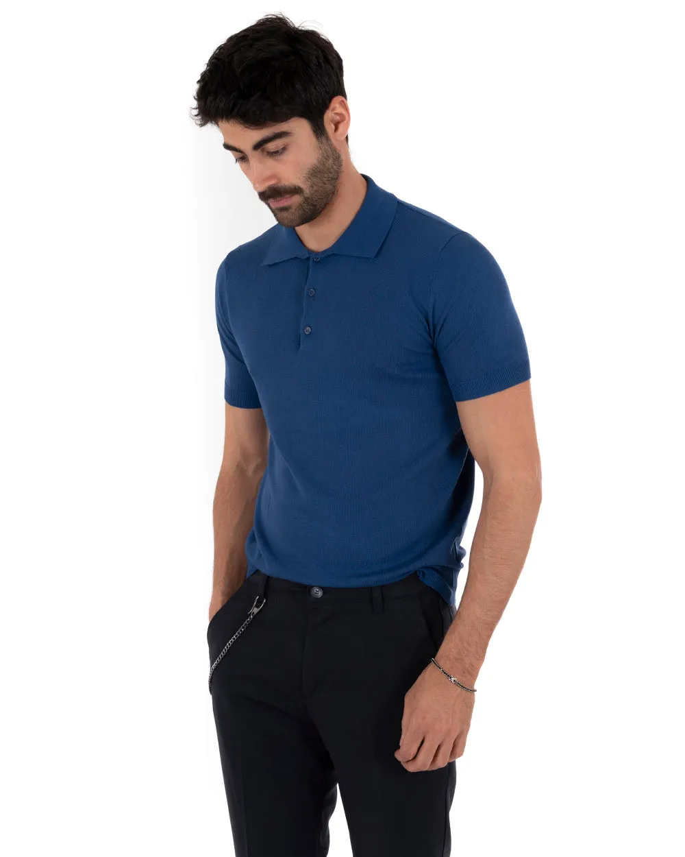 Polo Uomo T-Shirt Manica Corta Tinta Unita Blu Royal Scollo Bottoni Filo Casual GIOSAL-TS2634A