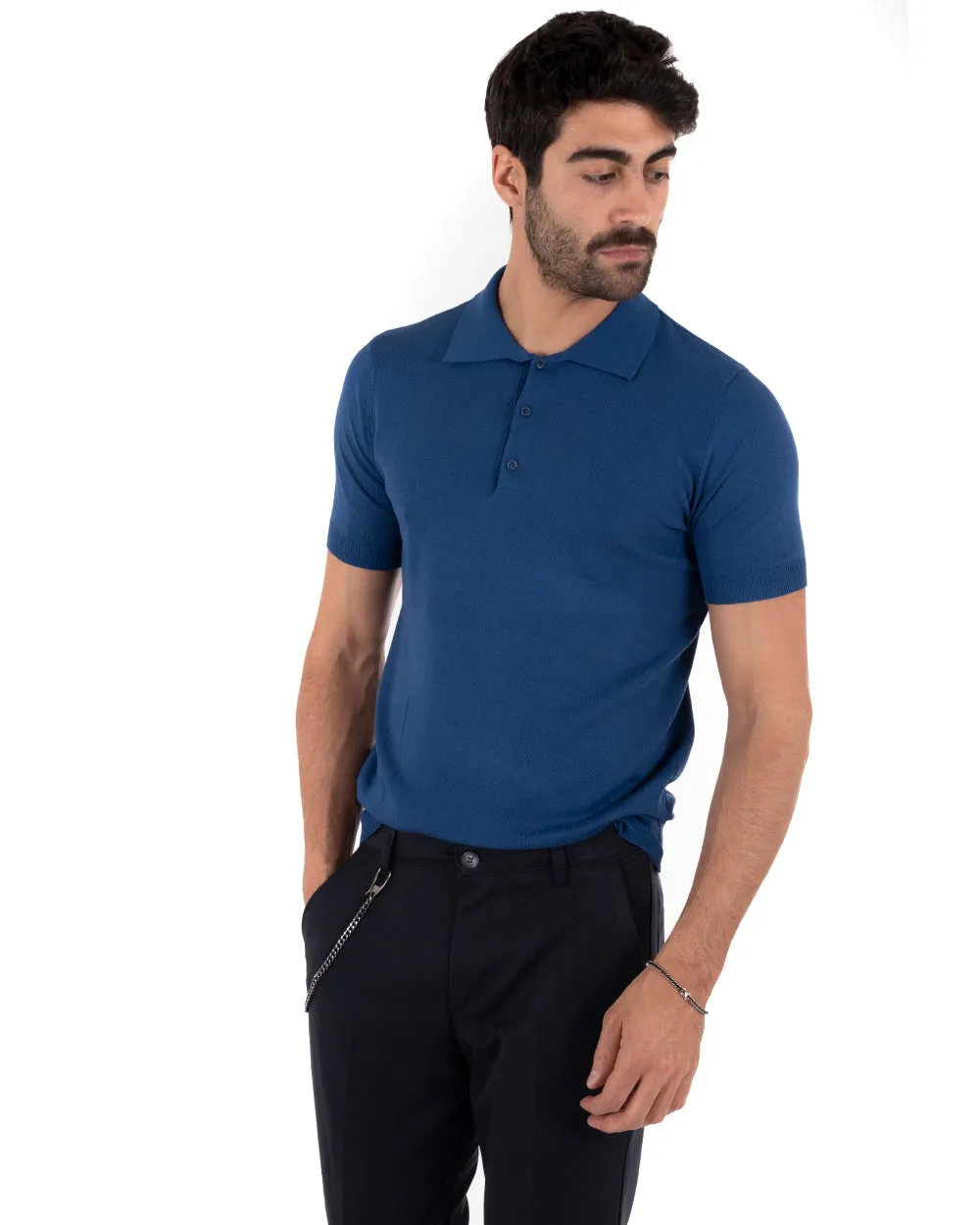 Polo Uomo T-Shirt Manica Corta Tinta Unita Blu Royal Scollo Bottoni Filo Casual GIOSAL-TS2634A