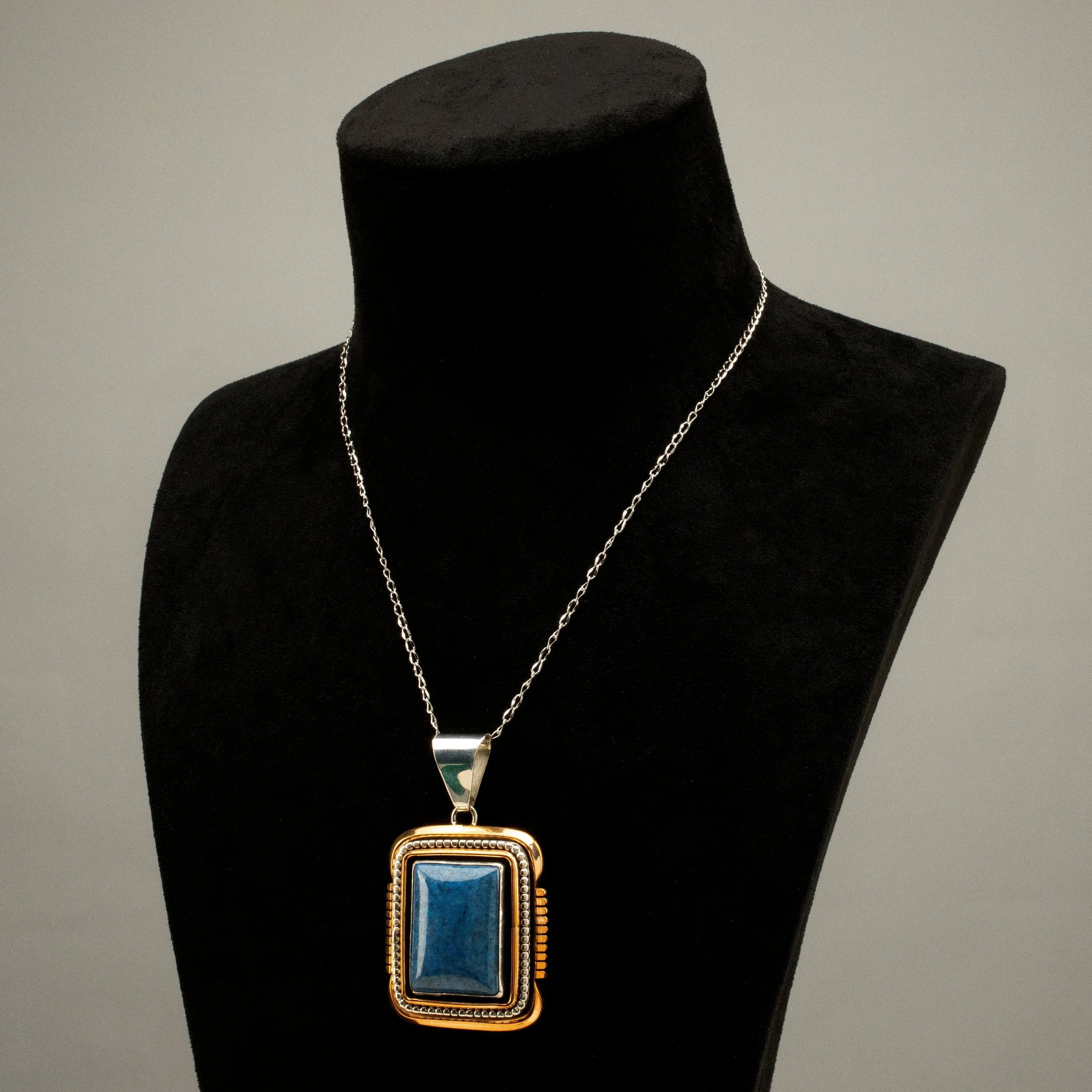 Ray Bennett Lapis Rectangular Navajo USA Native American Made 925 Sterling Silver & 12K Gold Filled Pendant