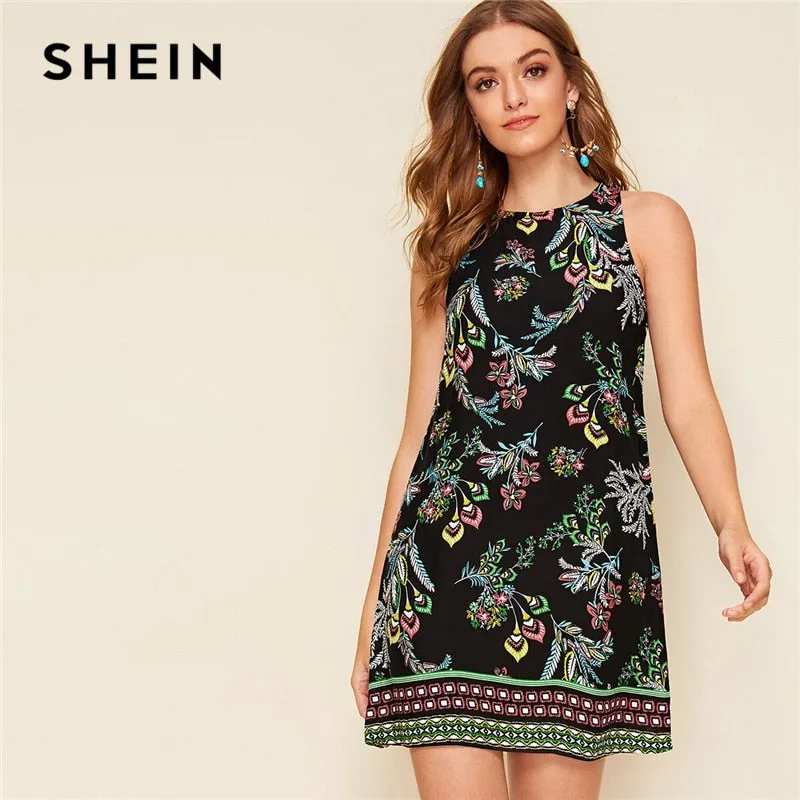 SHEIN Aztec Print Keyhole Back Summer Dress Sleeveless Round Neck Straight Women Dresses Boho Floral Tank Mini Dress