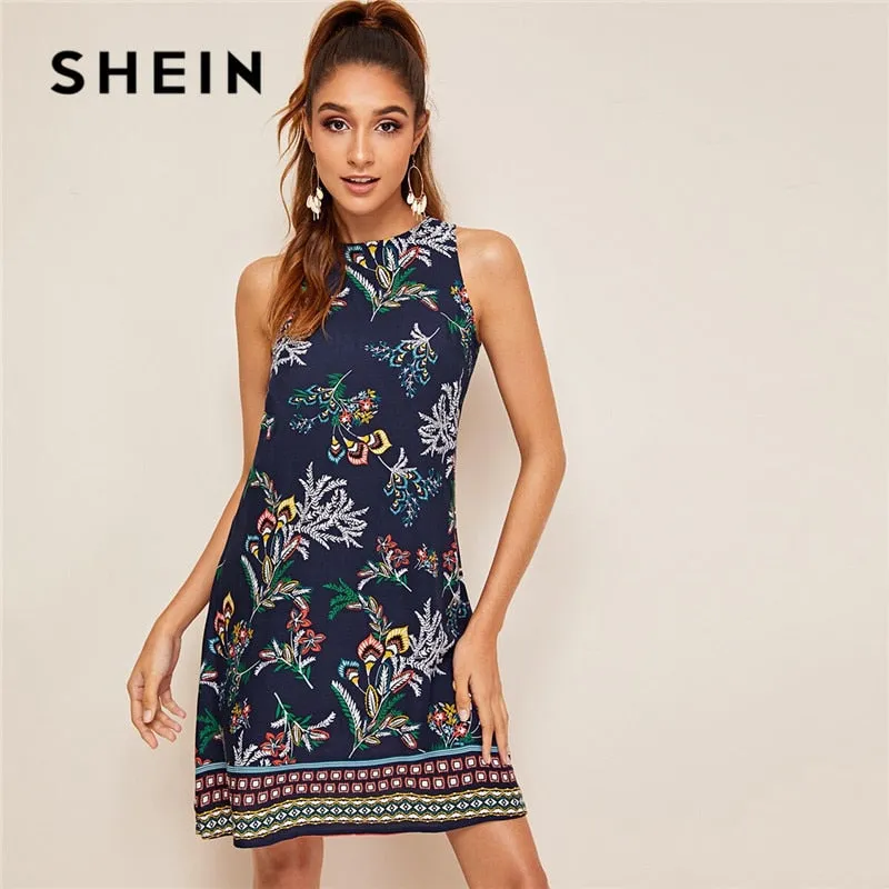 SHEIN Aztec Print Keyhole Back Summer Dress Sleeveless Round Neck Straight Women Dresses Boho Floral Tank Mini Dress