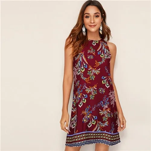 SHEIN Aztec Print Keyhole Back Summer Dress Sleeveless Round Neck Straight Women Dresses Boho Floral Tank Mini Dress