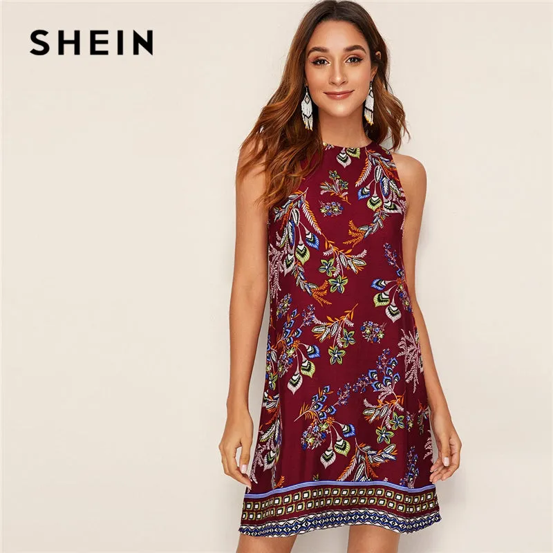 SHEIN Aztec Print Keyhole Back Summer Dress Sleeveless Round Neck Straight Women Dresses Boho Floral Tank Mini Dress