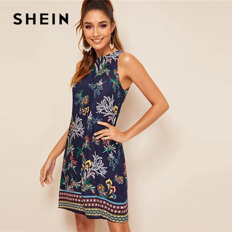 SHEIN Aztec Print Keyhole Back Summer Dress Sleeveless Round Neck Straight Women Dresses Boho Floral Tank Mini Dress