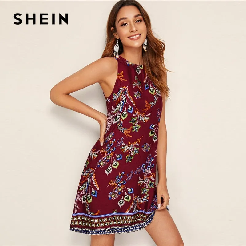 SHEIN Aztec Print Keyhole Back Summer Dress Sleeveless Round Neck Straight Women Dresses Boho Floral Tank Mini Dress