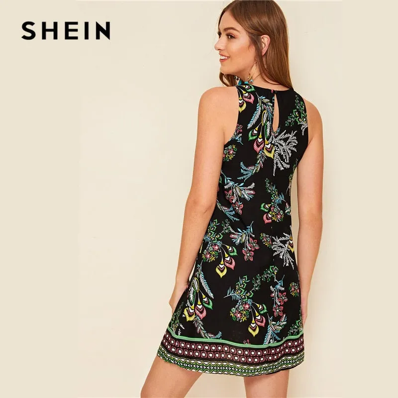 SHEIN Aztec Print Keyhole Back Summer Dress Sleeveless Round Neck Straight Women Dresses Boho Floral Tank Mini Dress