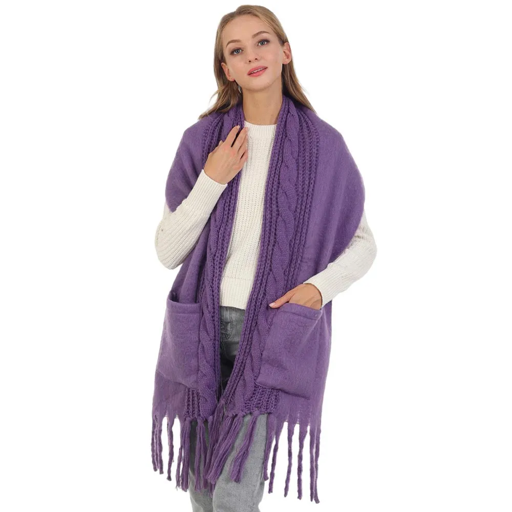 Solid Knit Pockets Tassel Oblong Scarf