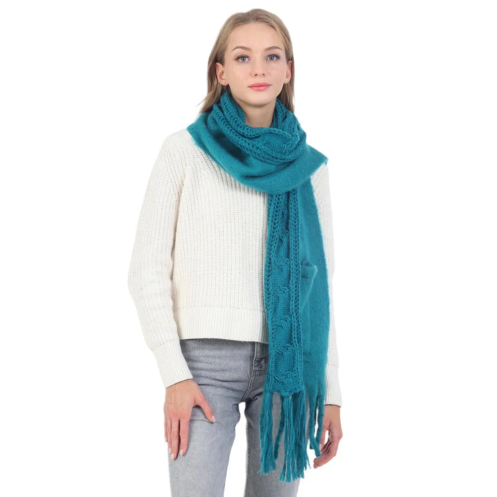 Solid Knit Pockets Tassel Oblong Scarf