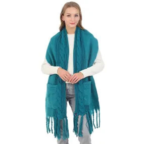 Solid Knit Pockets Tassel Oblong Scarf