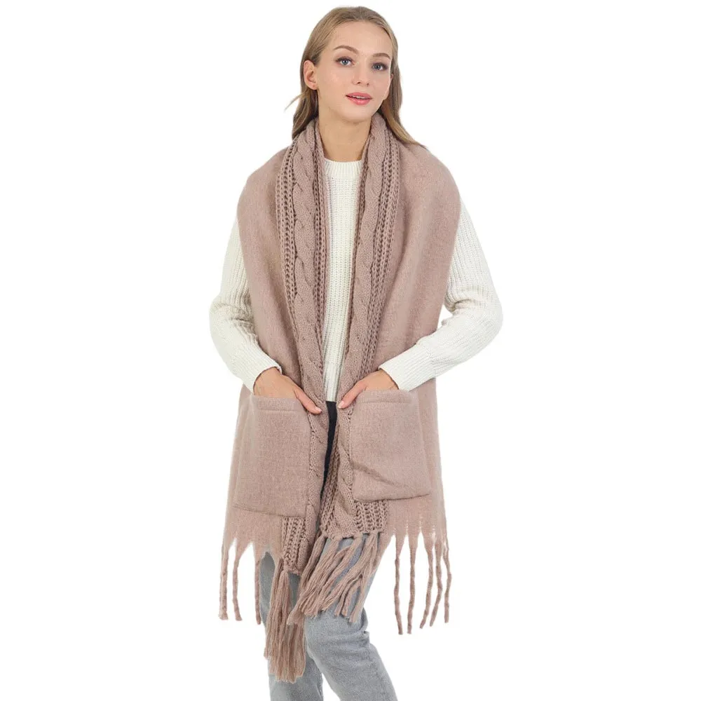 Solid Knit Pockets Tassel Oblong Scarf