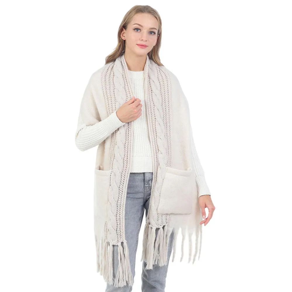 Solid Knit Pockets Tassel Oblong Scarf