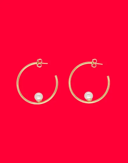 Sterling Silver Gold Plated Hoop Earrings with Organic Pearl for Women, 8mm Round White Pearl, 1.5 Length, Alba Collection