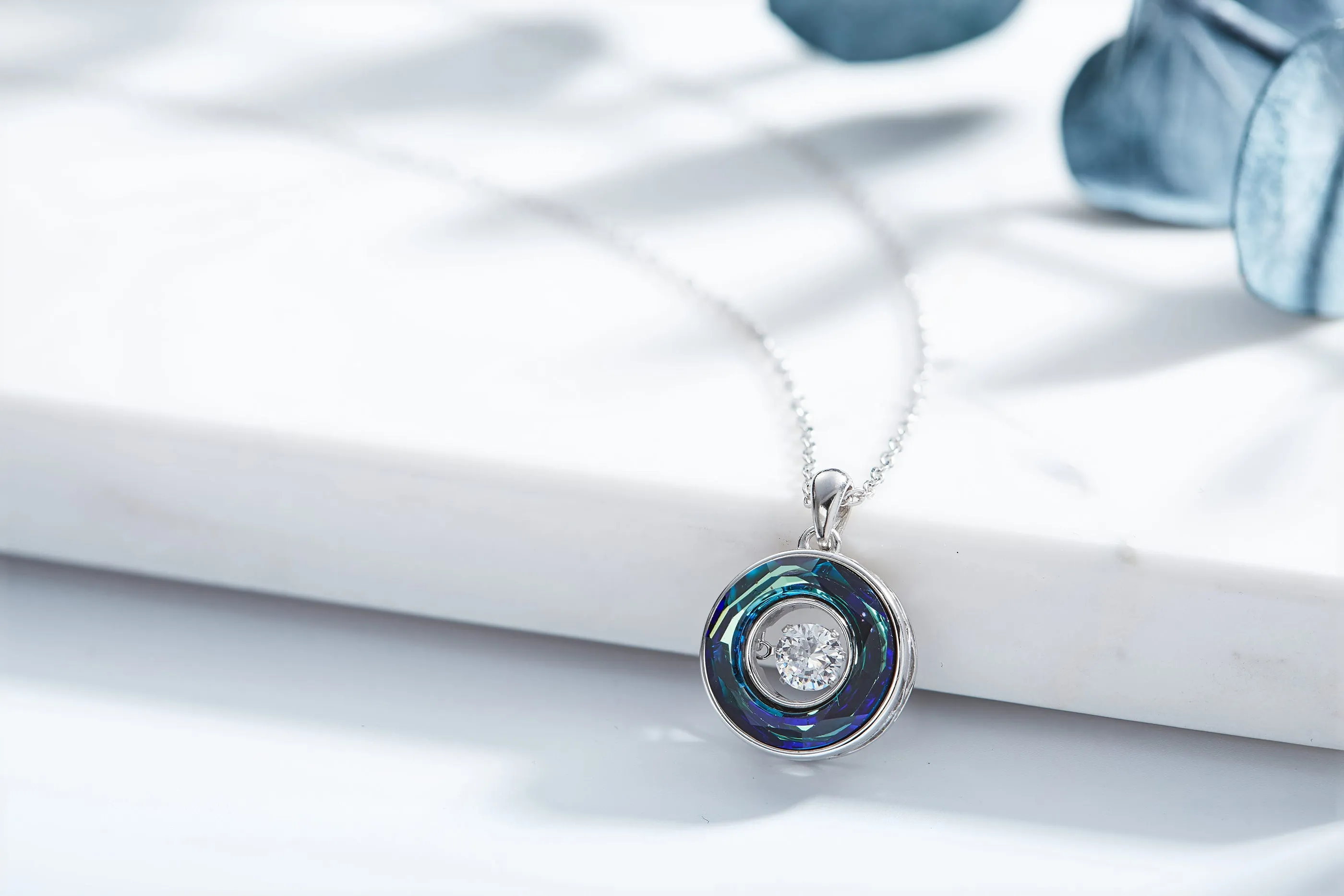 Sterling silver rounded sapphire dancing crystal necklace