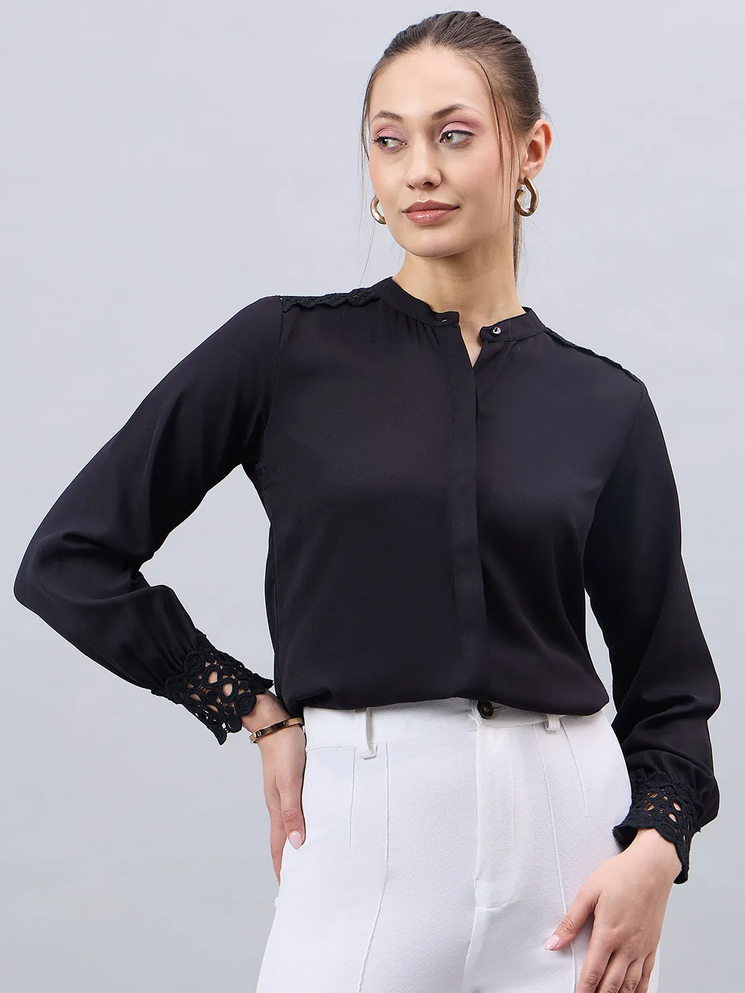 Style Quotient Women Black Solid Polymoss Regular Fit Formal Shirt