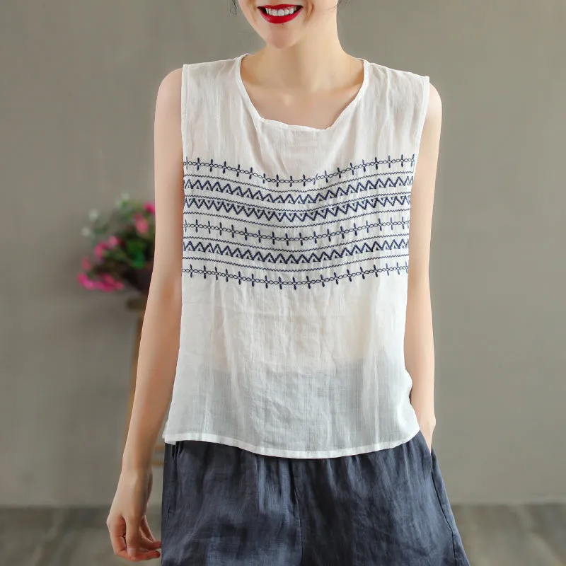 Summer Retro Embroidery Loose Thin Linen Vest For Women