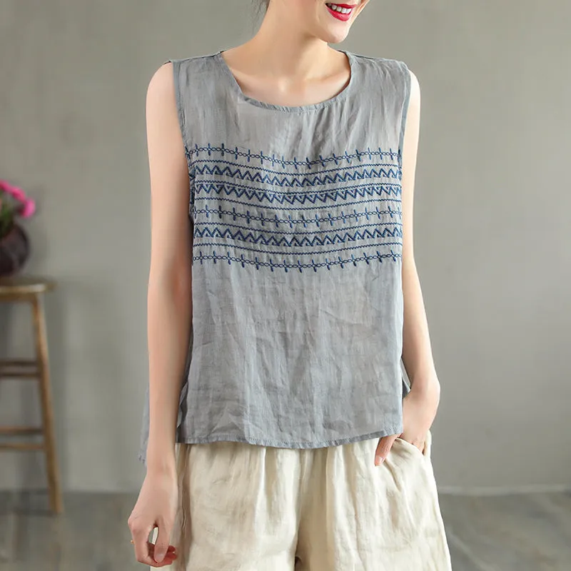 Summer Retro Embroidery Loose Thin Linen Vest For Women