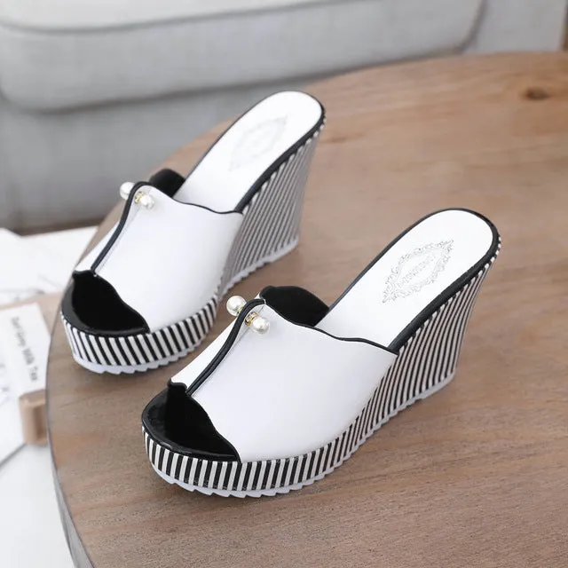 Summer Shoes Sandals Women Stripe Pearl Platform