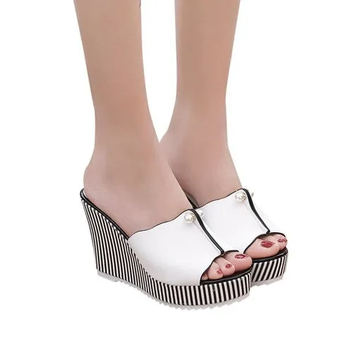 Summer Shoes Sandals Women Stripe Pearl Platform