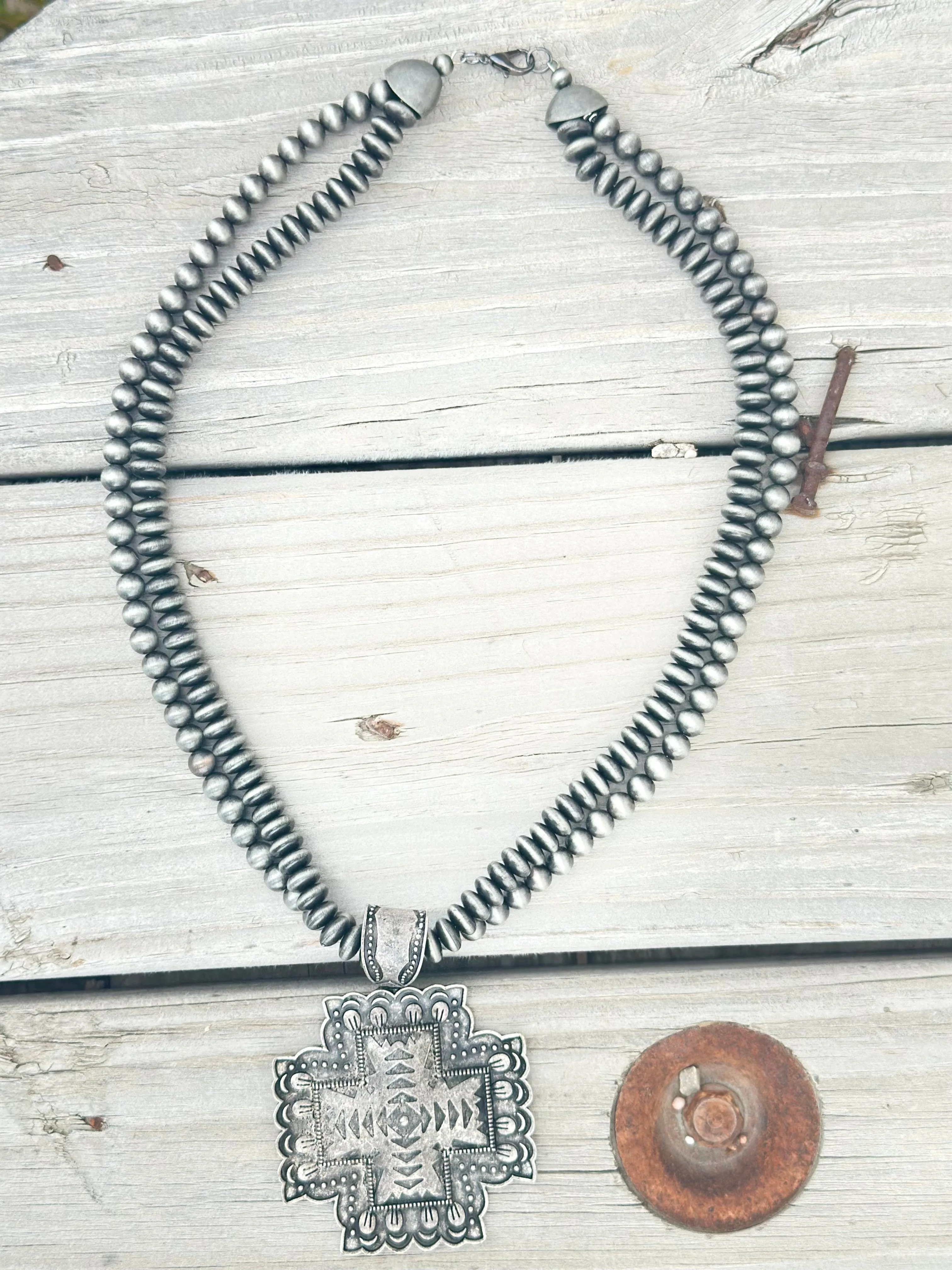 The Old Silver Cross on Silver Beads Necklace