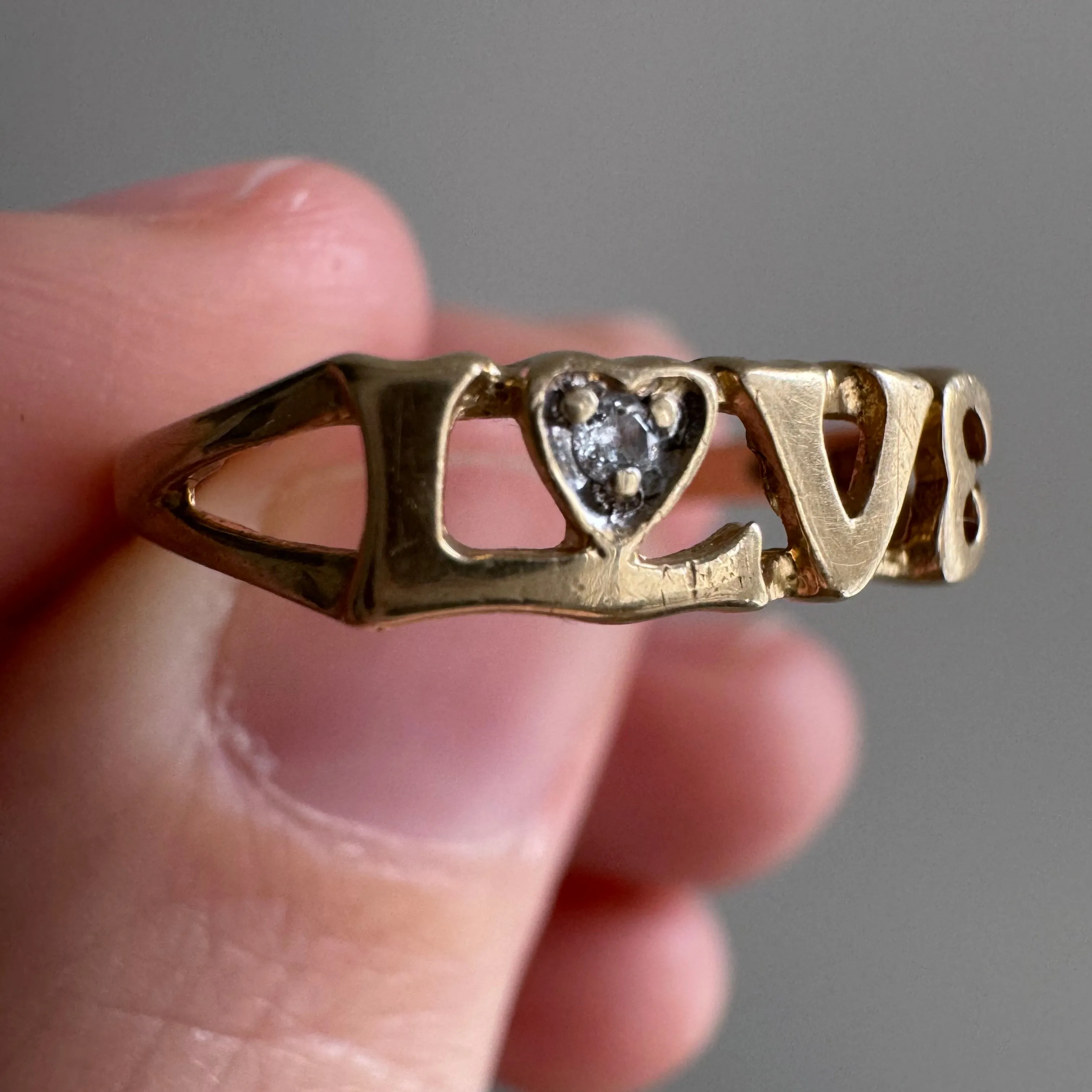 V I N T A G E // LOVE / 10k and diamond love word ring / size 6.75