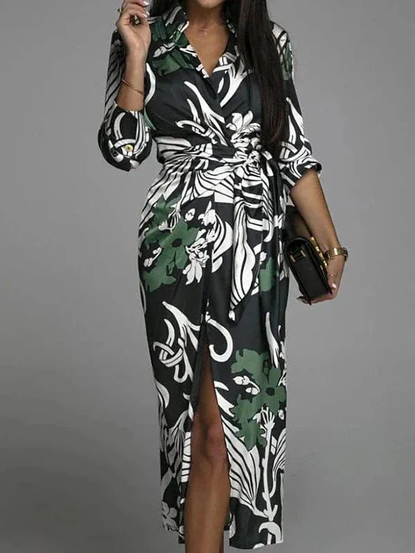 Versatile Women's Blue and Green Floral Print Shirt Dress