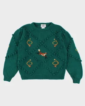 Vintage Men's Green Fox Patterned Knit Sweater - M